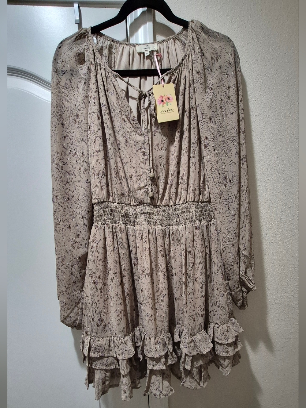 Entro Boho Smocked Waist Ruffle Dress Size M NWT